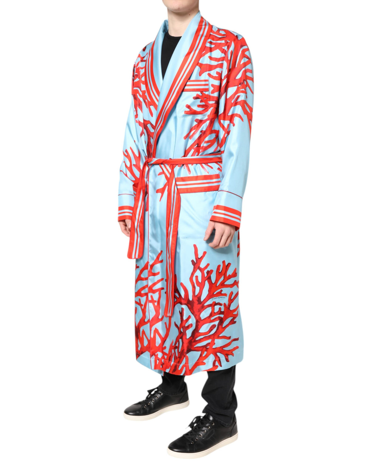 Dolce & Gabbana Light Blue Red Coral Print Wrap Robe Coat Jacket