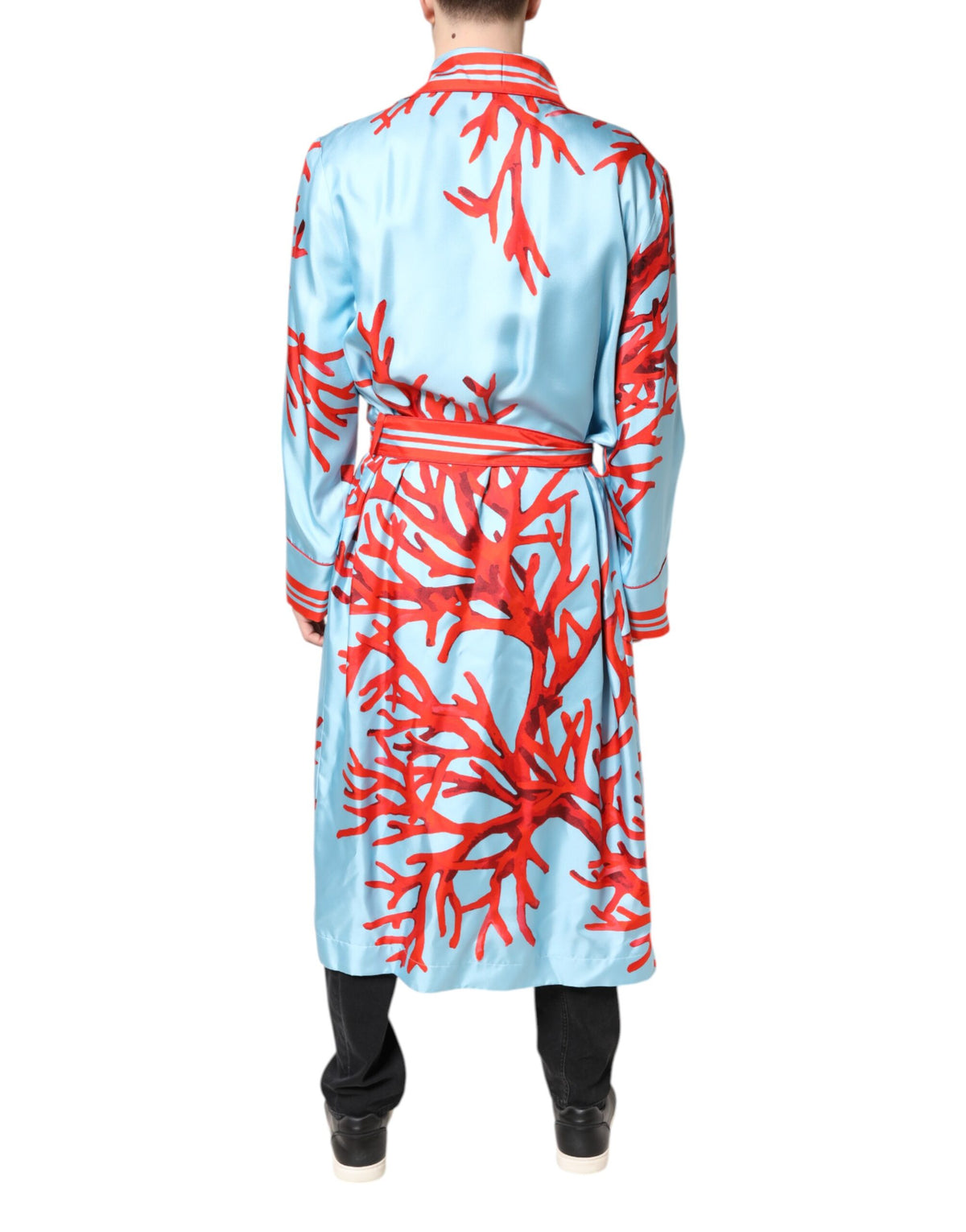 Dolce & Gabbana Light Blue Red Coral Print Wrap Robe Coat Jacket