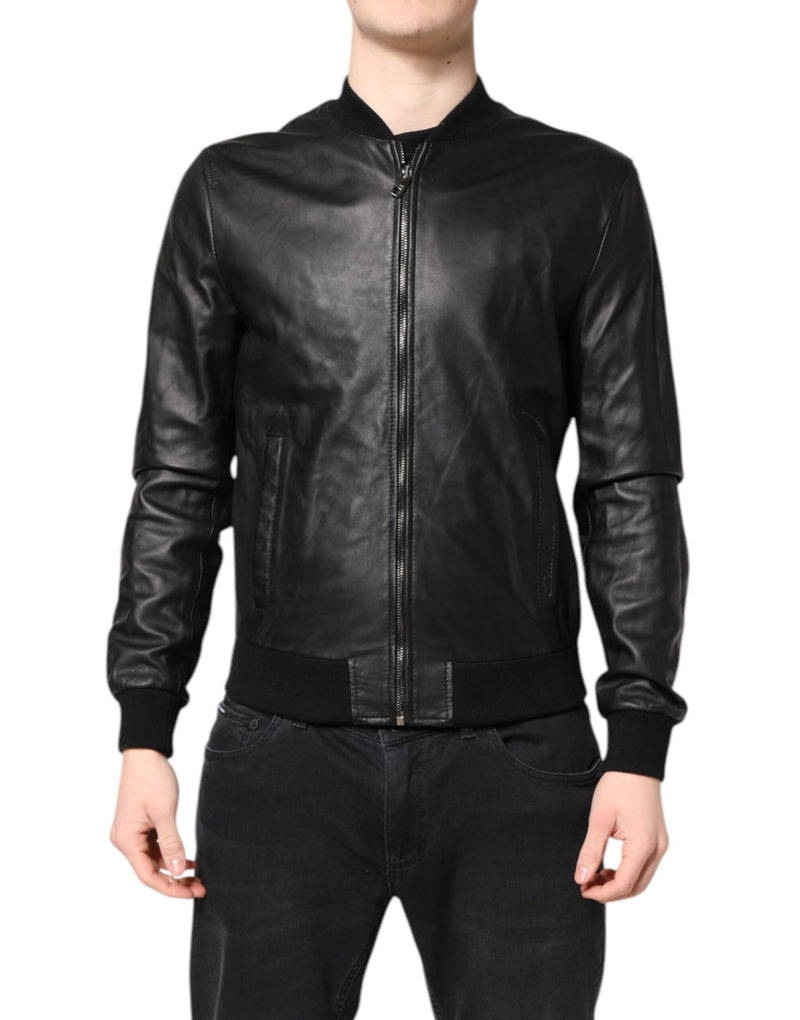 Veste motard en cuir d'agneau noir à fermeture éclair intégrale de Dolce & Gabbana