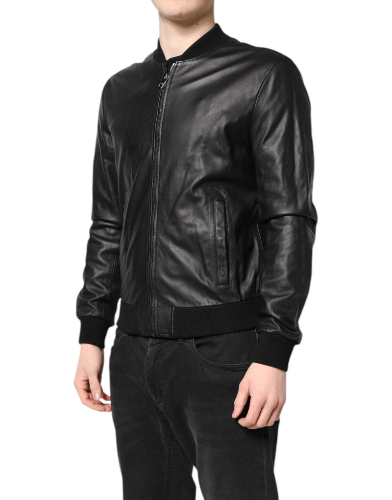 Veste motard en cuir d'agneau noir à fermeture éclair intégrale de Dolce & Gabbana