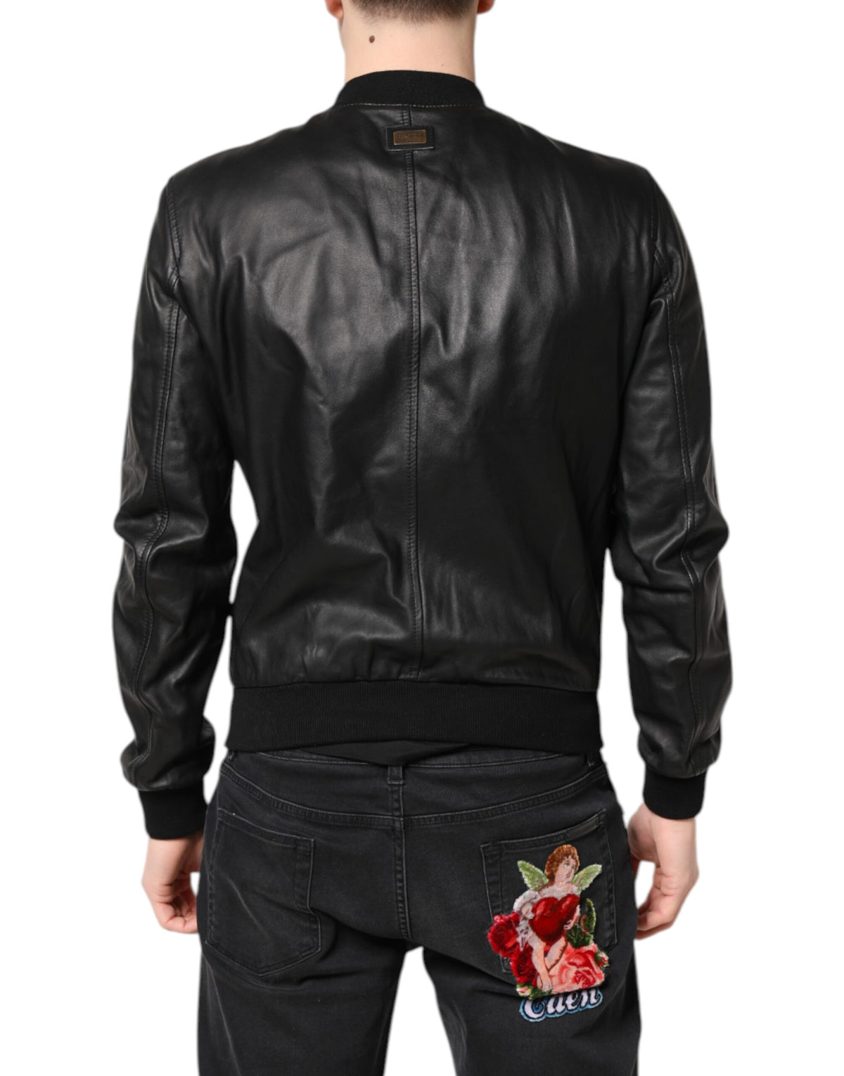 Veste motard en cuir d'agneau noir à fermeture éclair intégrale de Dolce & Gabbana