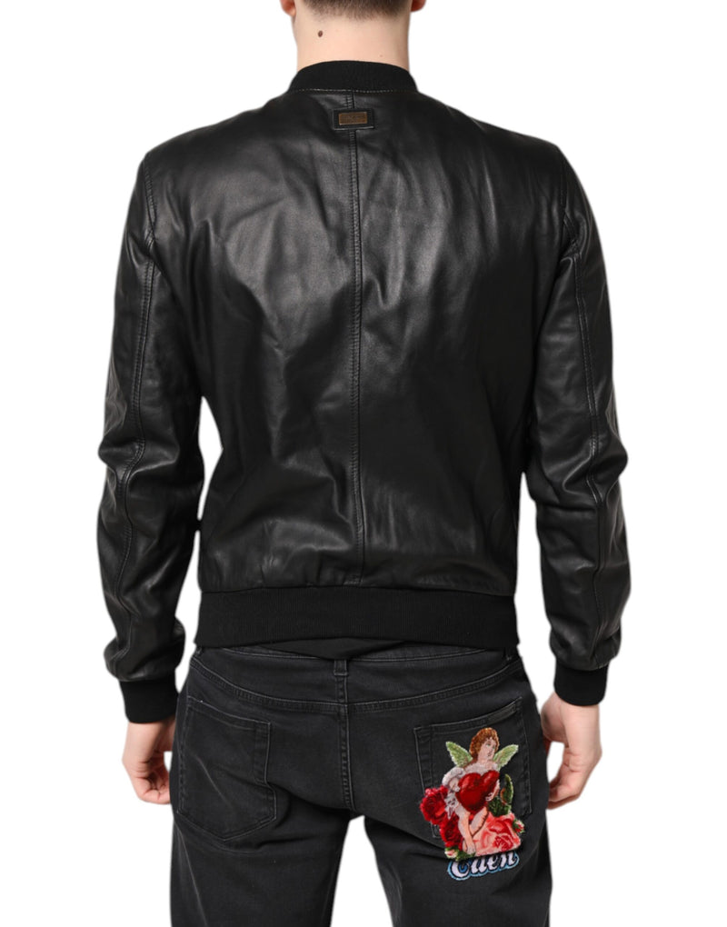 Veste motard en cuir d'agneau noir à fermeture éclair intégrale de Dolce & Gabbana
