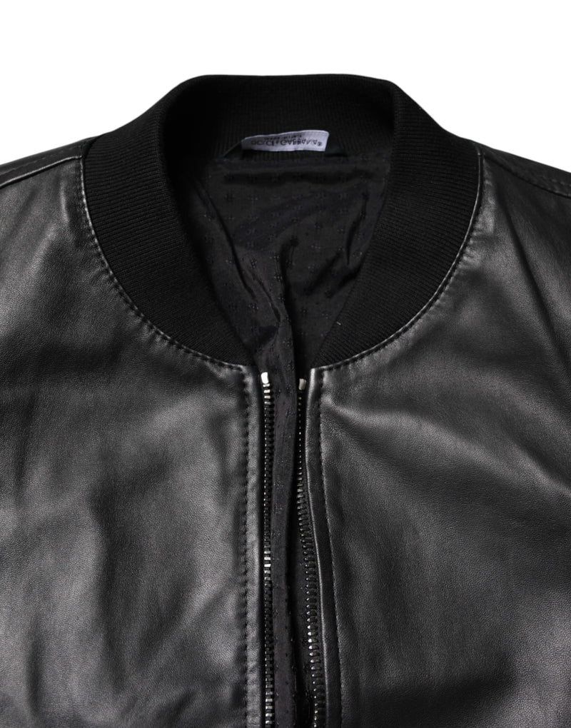 Veste motard en cuir d'agneau noir à fermeture éclair intégrale de Dolce & Gabbana