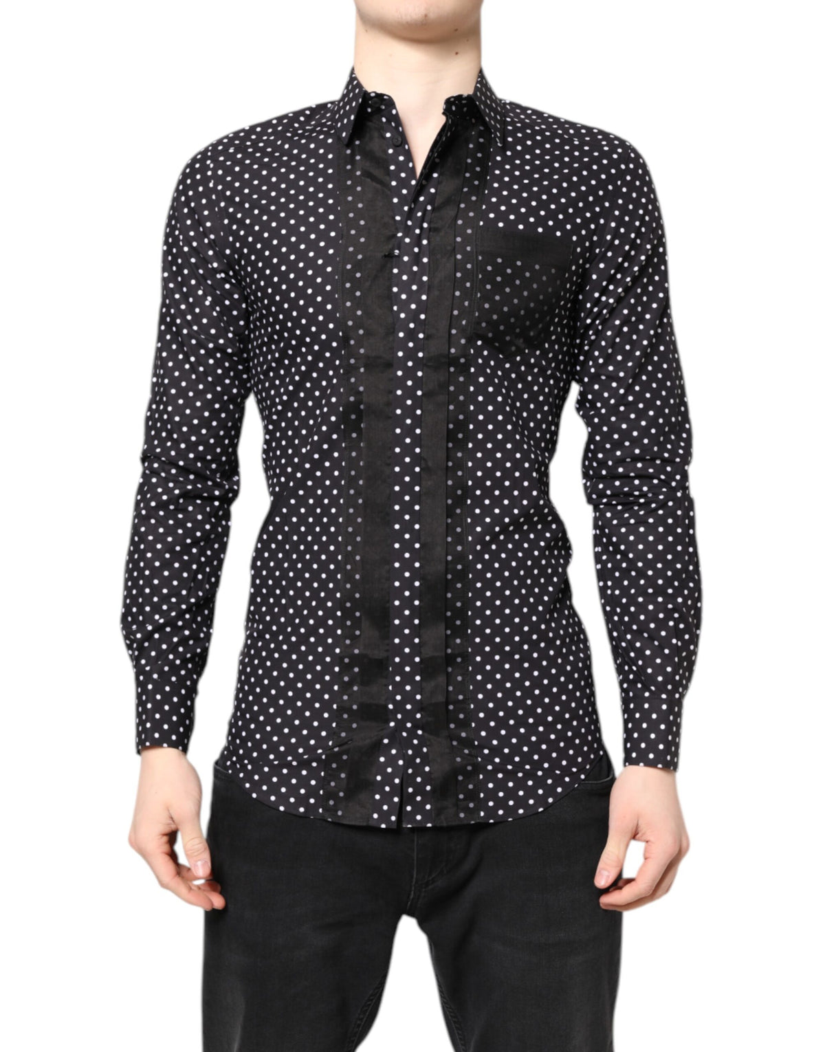 Chemise habillée noire à pois, manches longues et dorée de Dolce &amp; Gabbana