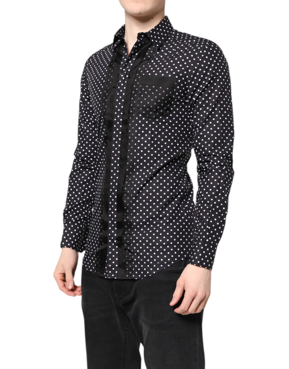 Chemise habillée noire à pois, manches longues et dorée de Dolce &amp; Gabbana