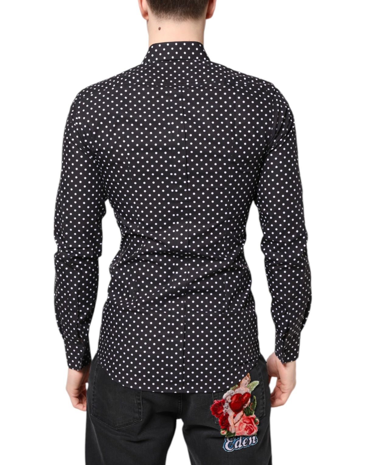 Chemise habillée noire à pois, manches longues et dorée de Dolce &amp; Gabbana
