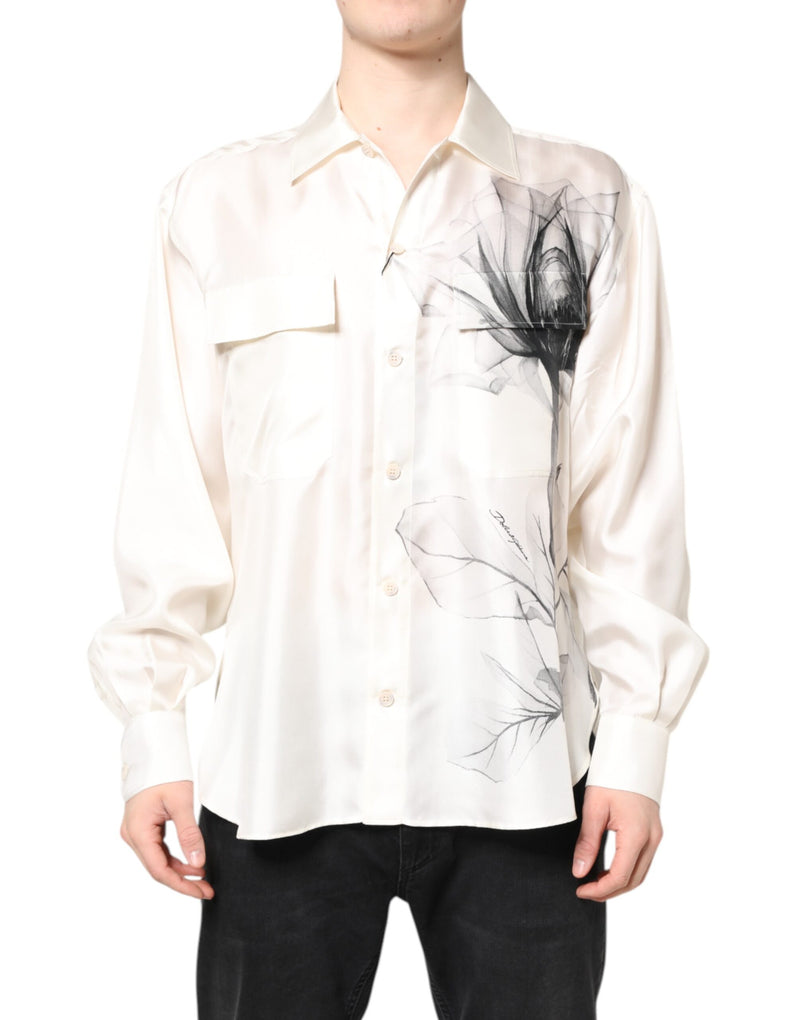 Chemise homme casual en soie ivoire à manches longues Dolce &amp; Gabbana
