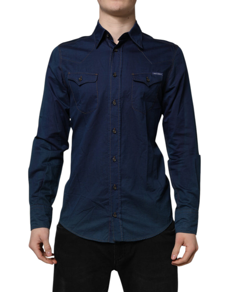 Chemise décontractée à manches longues en coton bleu doré de Dolce &amp; Gabbana