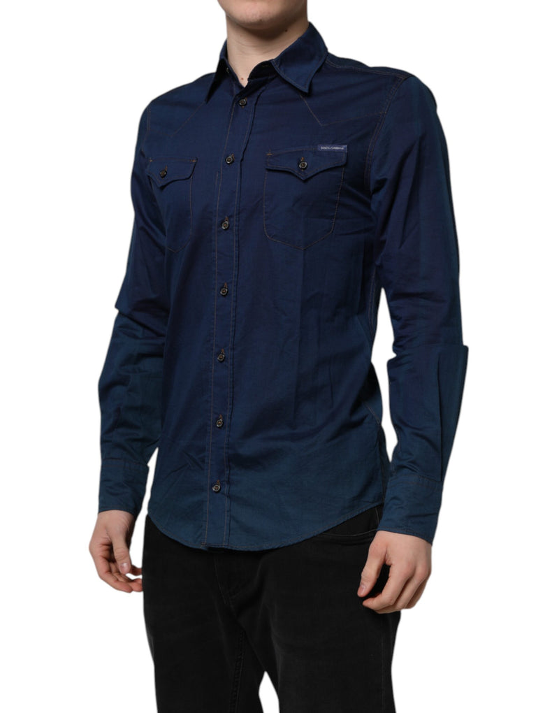 Chemise décontractée à manches longues en coton bleu doré de Dolce &amp; Gabbana