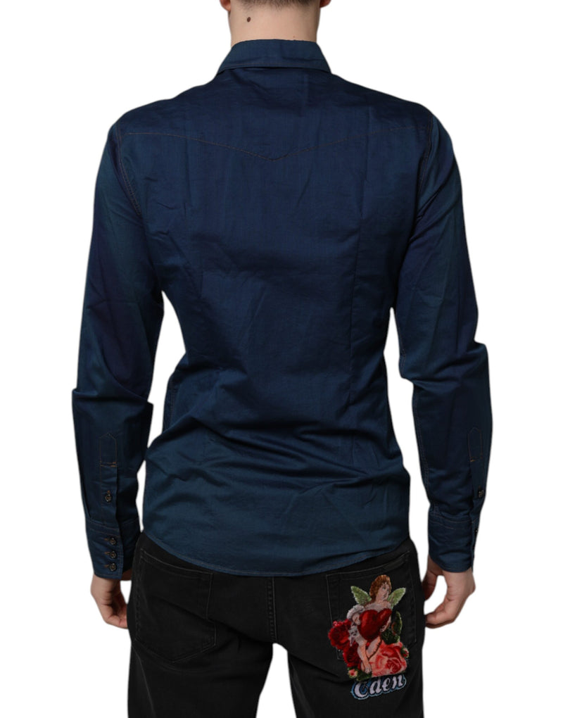 Chemise décontractée à manches longues en coton bleu doré de Dolce &amp; Gabbana