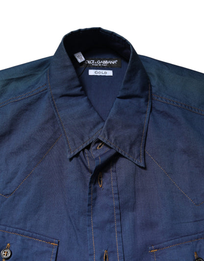 Chemise décontractée à manches longues en coton bleu doré de Dolce & Gabbana
