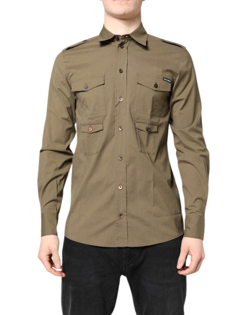Chemise casual à manches longues en coton extensible marron de Dolce &amp; Gabbana