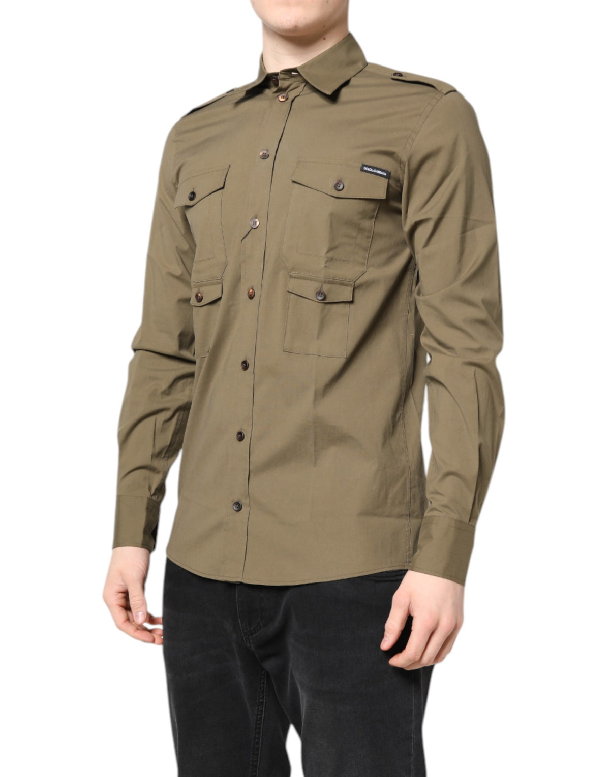 Chemise casual à manches longues en coton extensible marron de Dolce &amp; Gabbana