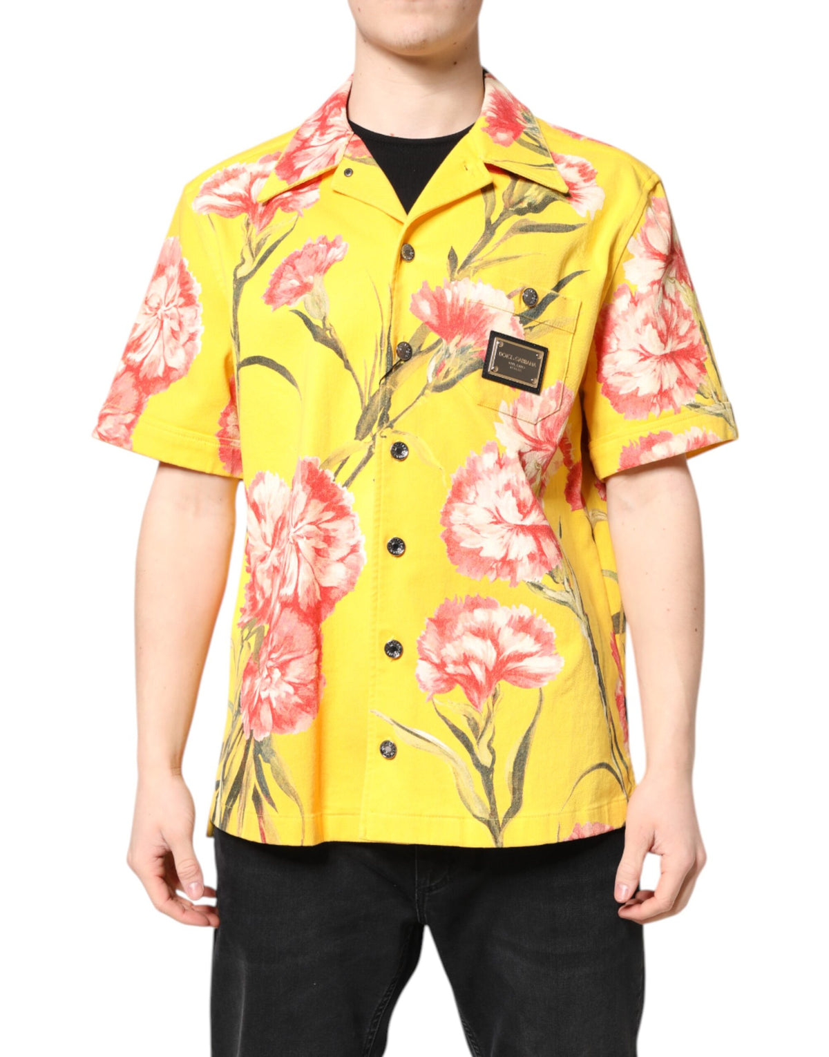 Chemise casual à boutons pour homme, jaune à motifs floraux, Dolce &amp; Gabbana