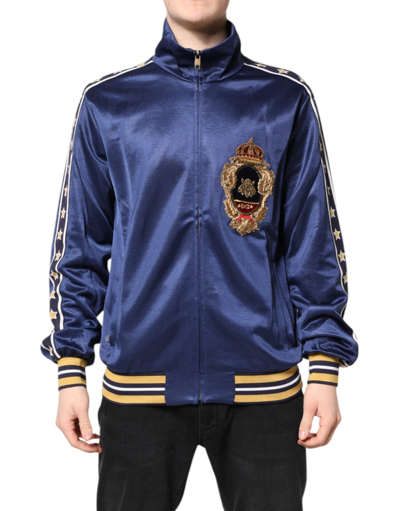 Dolce &amp; Gabbana Blauwe Nylon Bomber Sweater met Logo Patch voor Heren