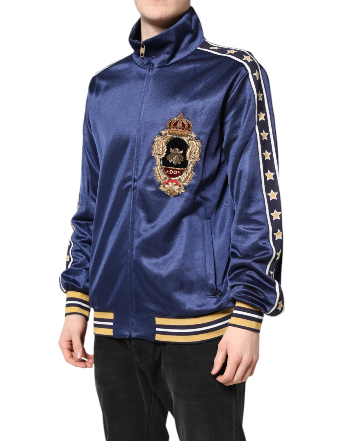 Pull bomber pour homme Dolce &amp; Gabbana en nylon bleu avec patch logo.