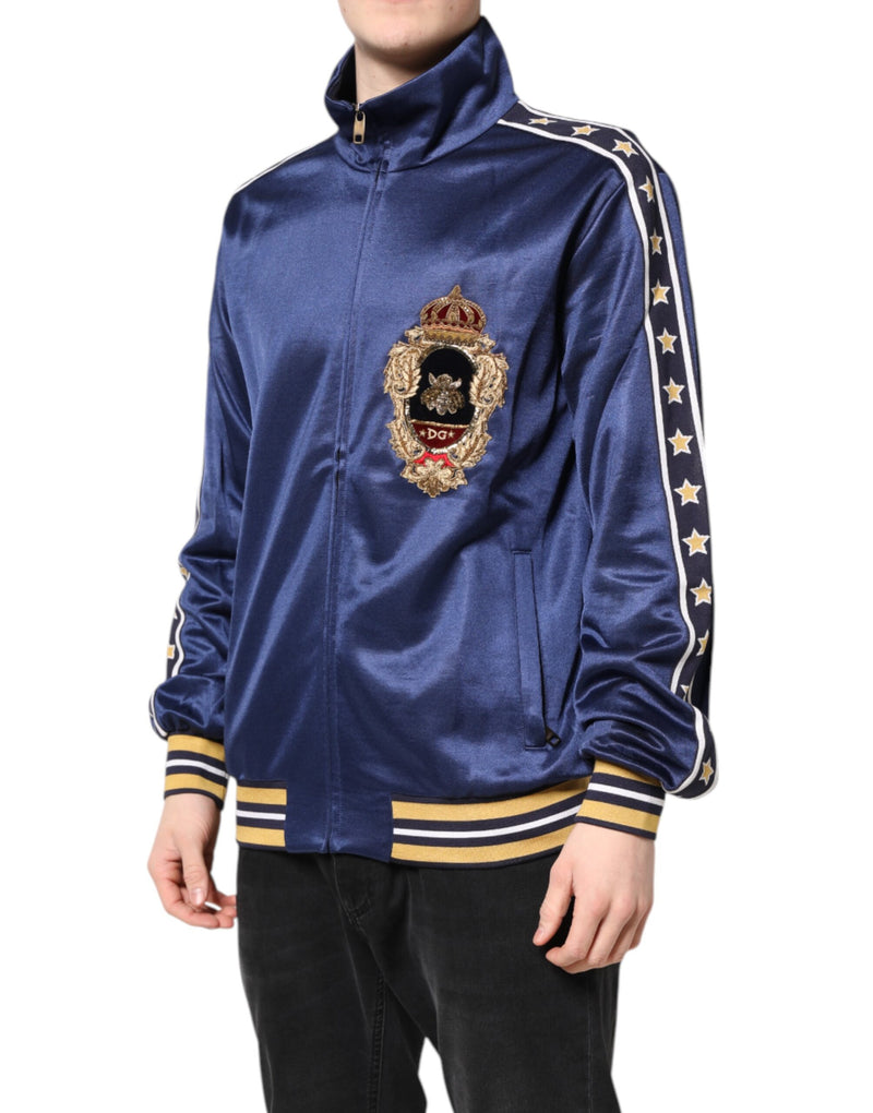 Dolce &amp; Gabbana Blauwe Nylon Bomber Sweater met Logo Patch voor Heren