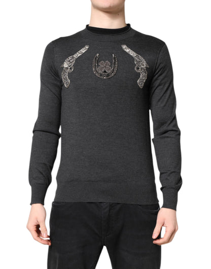 Dolce &amp; Gabbana grijze gebreide herenpullover met borduursel