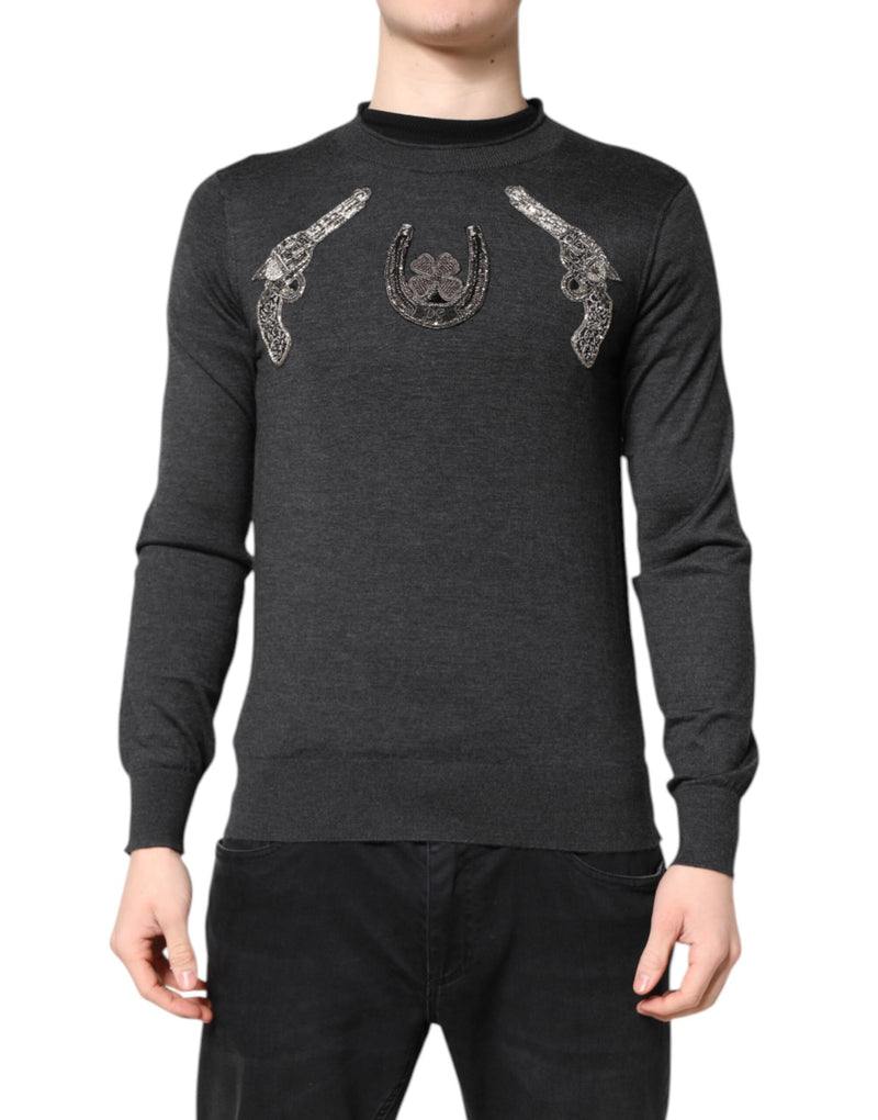 Dolce &amp; Gabbana grijze gebreide herenpullover met borduursel