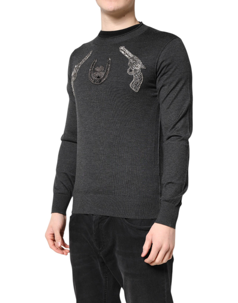 Dolce &amp; Gabbana grijze gebreide herenpullover met borduursel