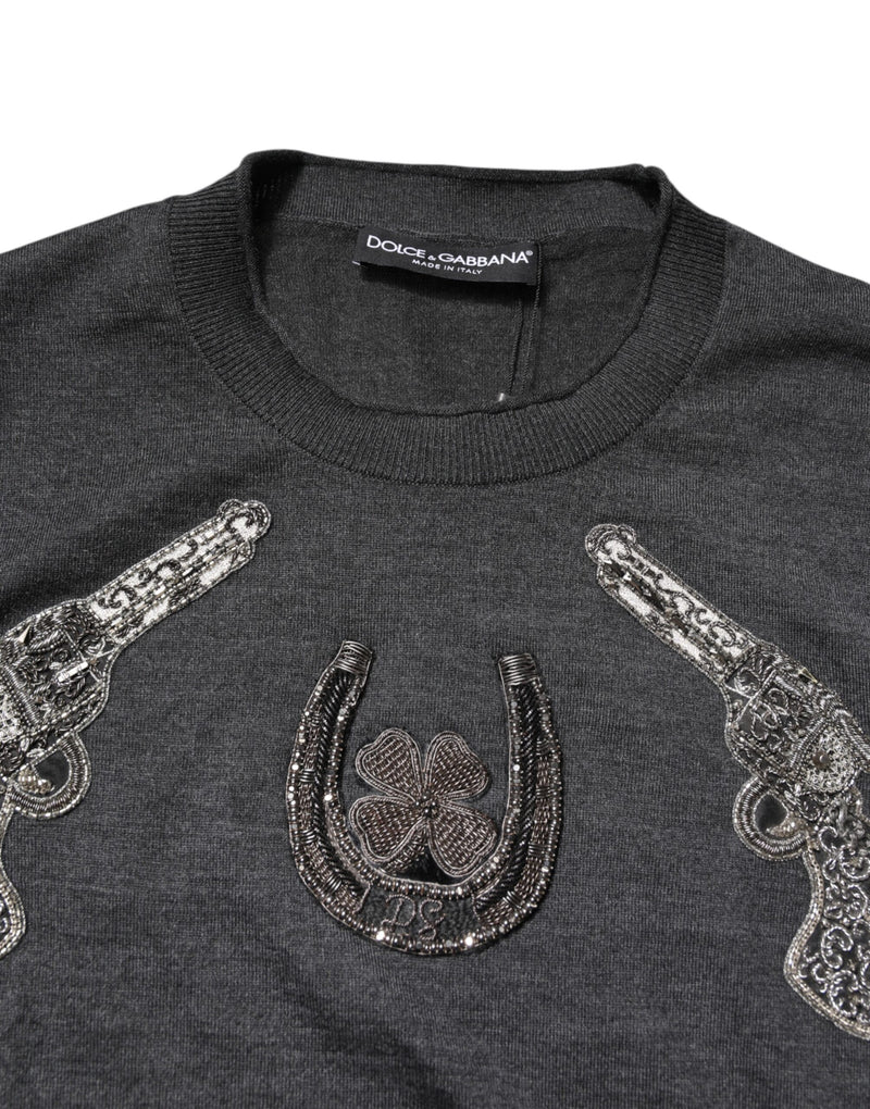 Dolce &amp; Gabbana grijze gebreide herenpullover met borduursel