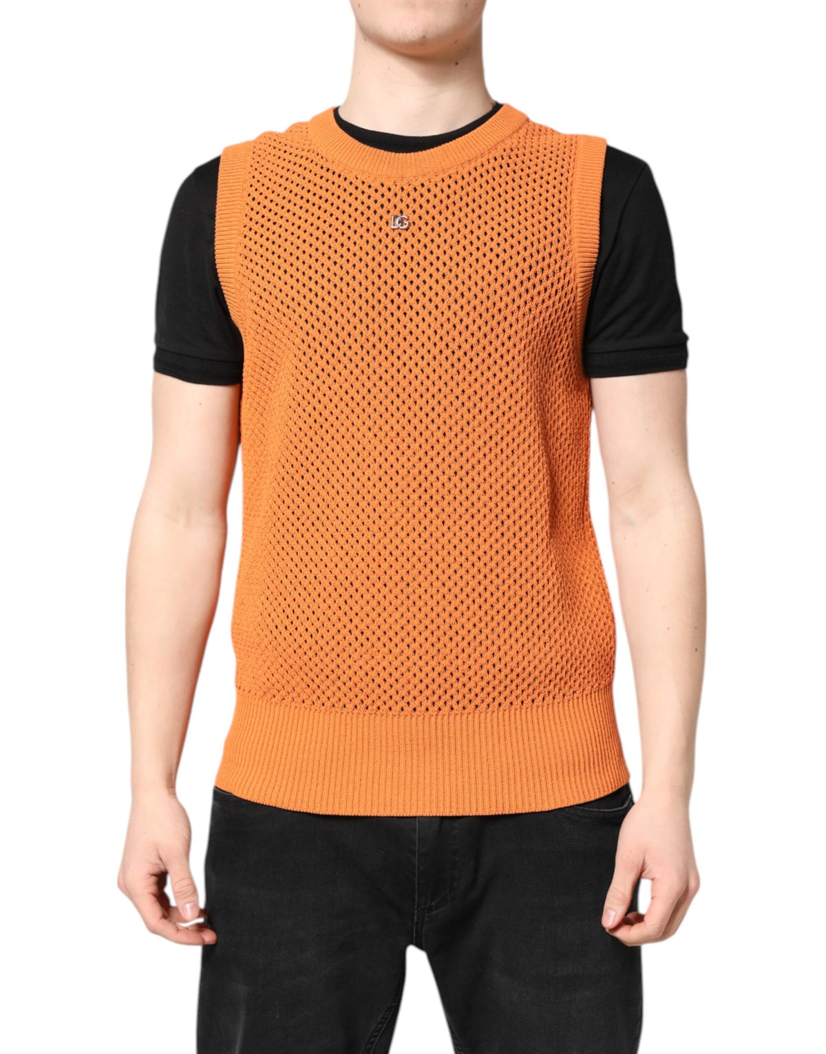 T-shirt orange en cachemire à col rond et sans manches de Dolce &amp; Gabbana
