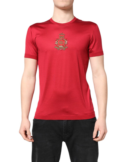 Dolce & Gabbana rood satijnen T-shirt met DG-kroonlogo en korte mouwen