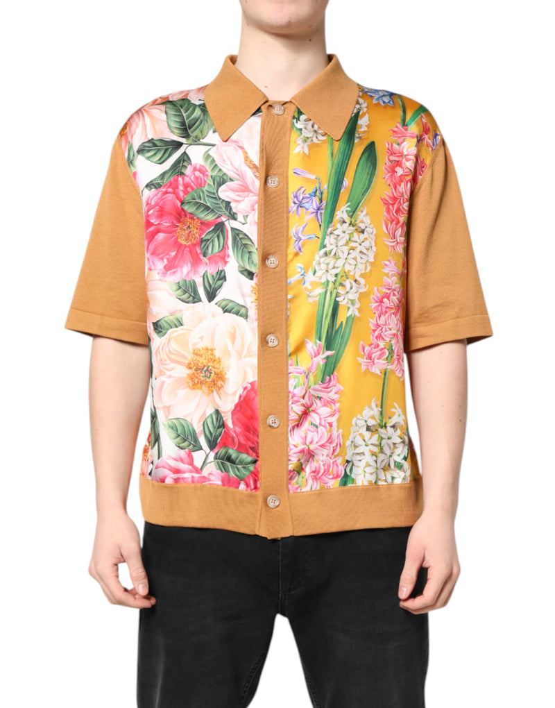 T-shirt à manches courtes à col floral marron de Dolce &amp; Gabbana