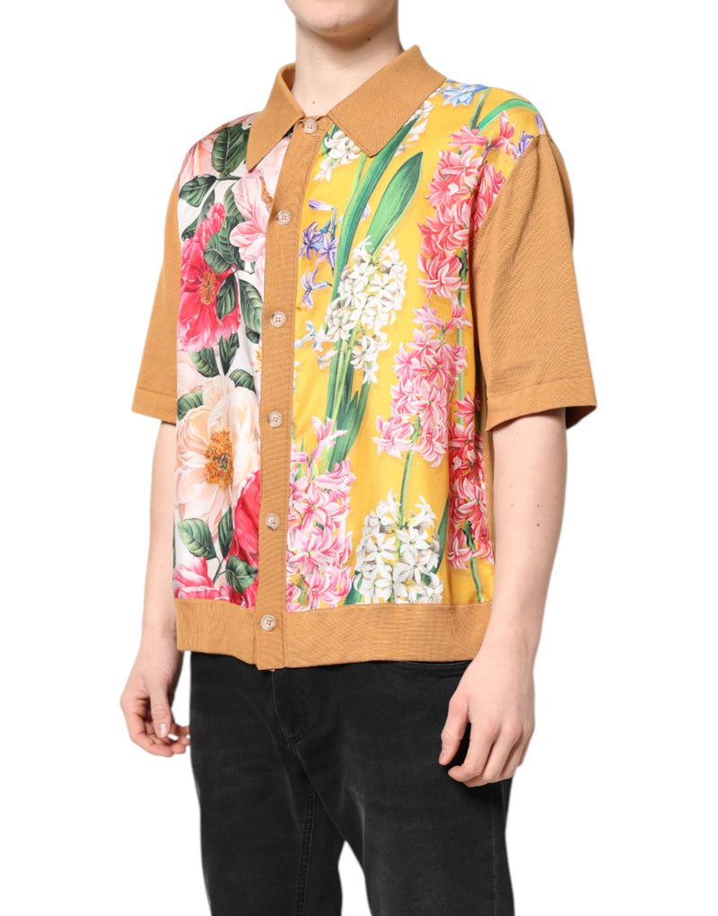T-shirt à manches courtes à col floral marron de Dolce &amp; Gabbana