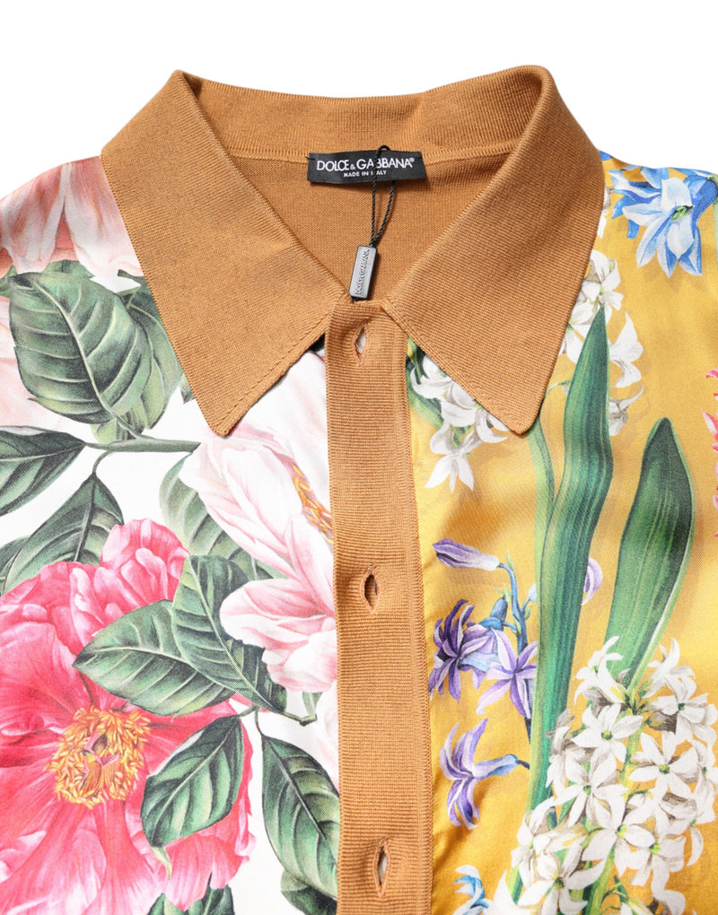 T-shirt à manches courtes à col floral marron de Dolce &amp; Gabbana