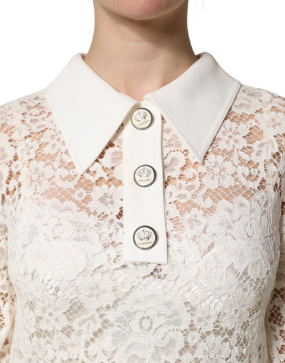 Dolce & Gabbana White Floral Lace Long Sleeves Shift Dress