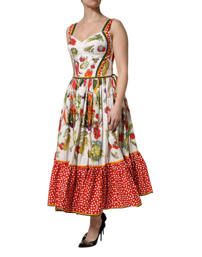 Dolce & Gabbana wit, mouwloze, A-lijn midi-jurk met groentendecoratie