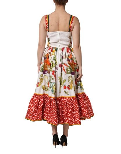 Dolce & Gabbana wit, mouwloze, A-lijn midi-jurk met groentendecoratie