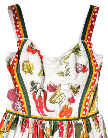 Dolce & Gabbana wit, mouwloze, A-lijn midi-jurk met groentendecoratie