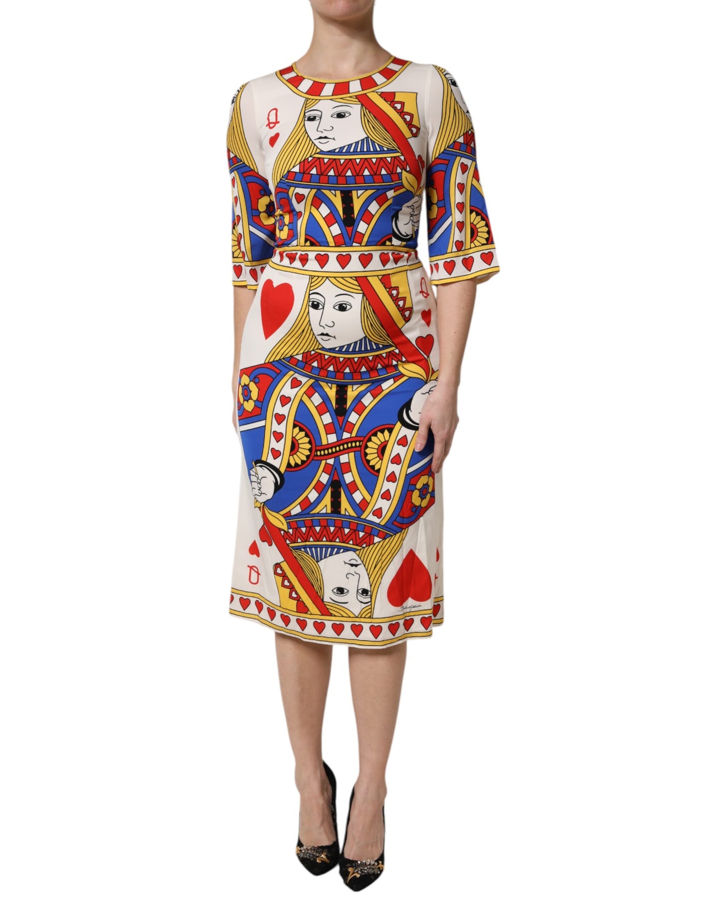 Dolce & Gabbana Witte Queen Of Heart Jurk met Korte Mouwen en Middellange Lengte