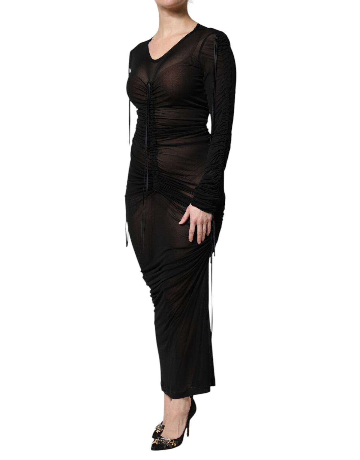 Dolce & Gabbana Robe Longue Bodycon Noire avec Détails en Maille