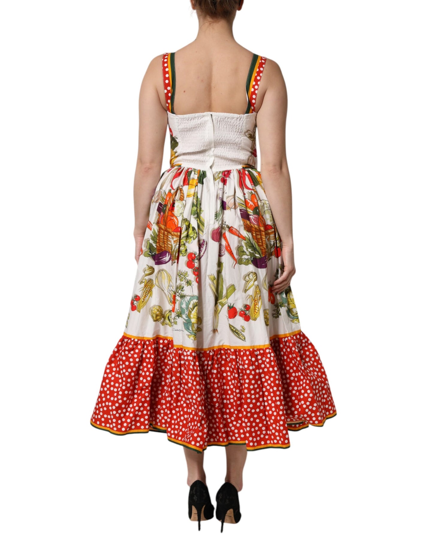 Robe trapèze blanche à motifs de légumes, sans manches, Dolce & Gabbana