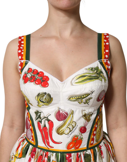 Robe trapèze blanche à motifs de légumes, sans manches, Dolce & Gabbana