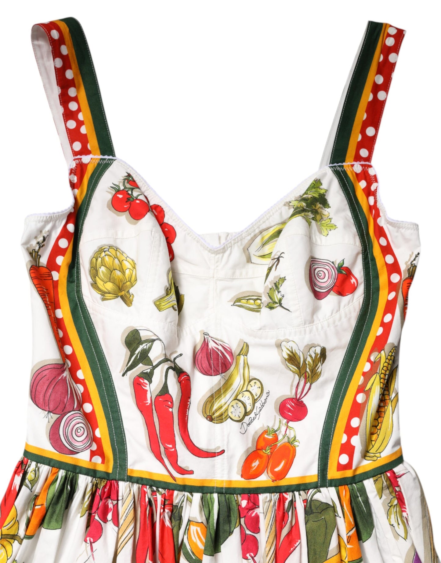 Robe trapèze blanche à motifs de légumes, sans manches, Dolce & Gabbana