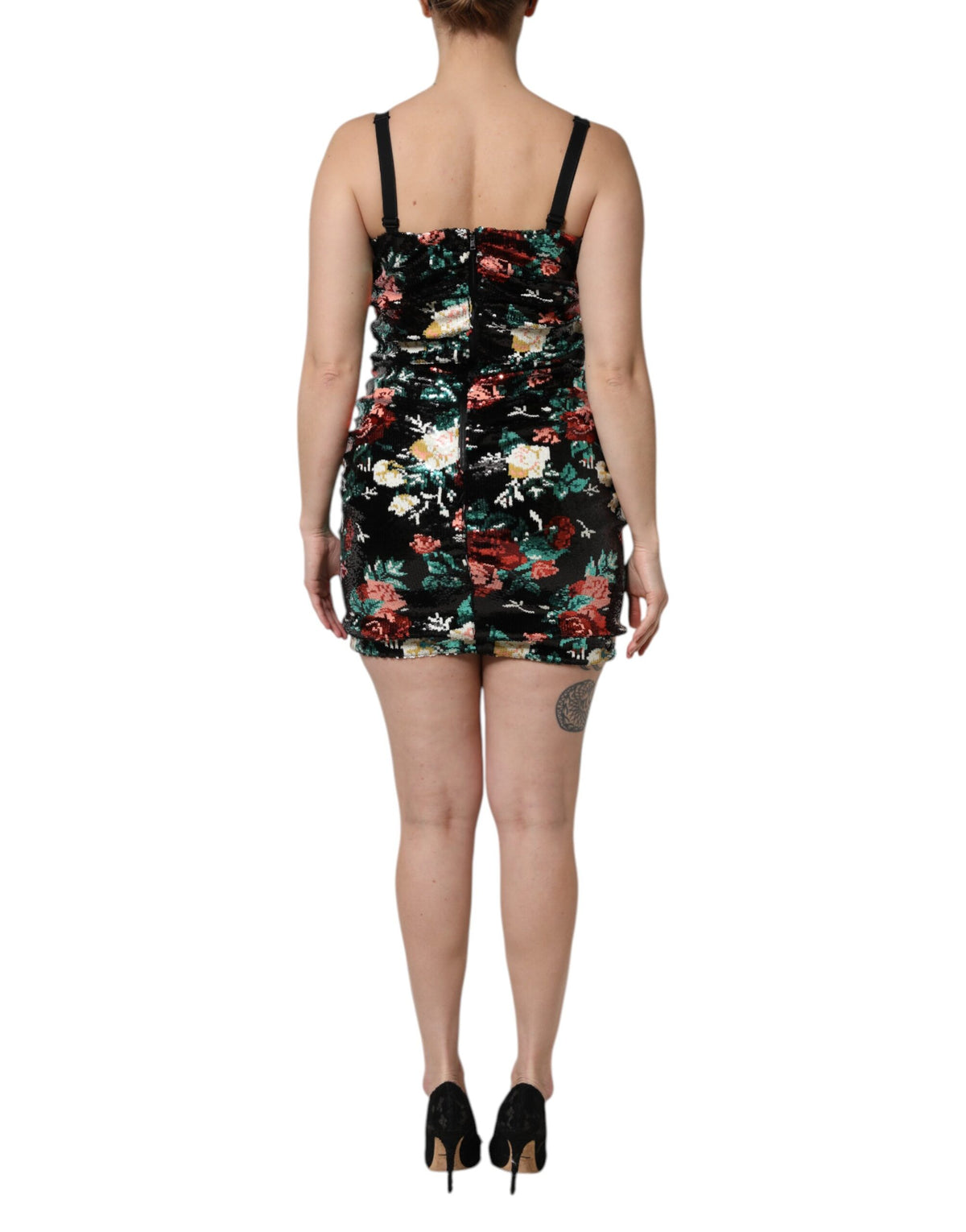 Dolce & Gabbana Robe Fourreau Sans Manches en Sequins Floraux Noire