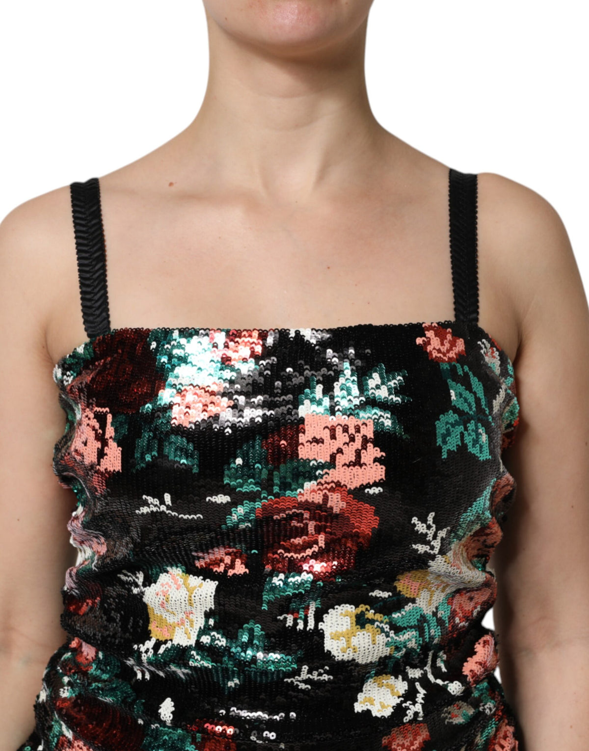 Dolce & Gabbana Robe Fourreau Sans Manches en Sequins Floraux Noire