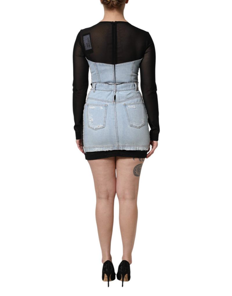 Dolce & Gabbana Black and Blue Long Sleeves Denim Mini Dress