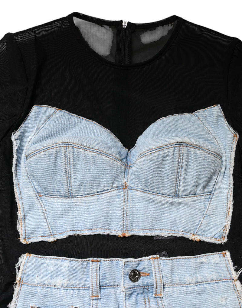 Dolce & Gabbana Black and Blue Long Sleeves Denim Mini Dress