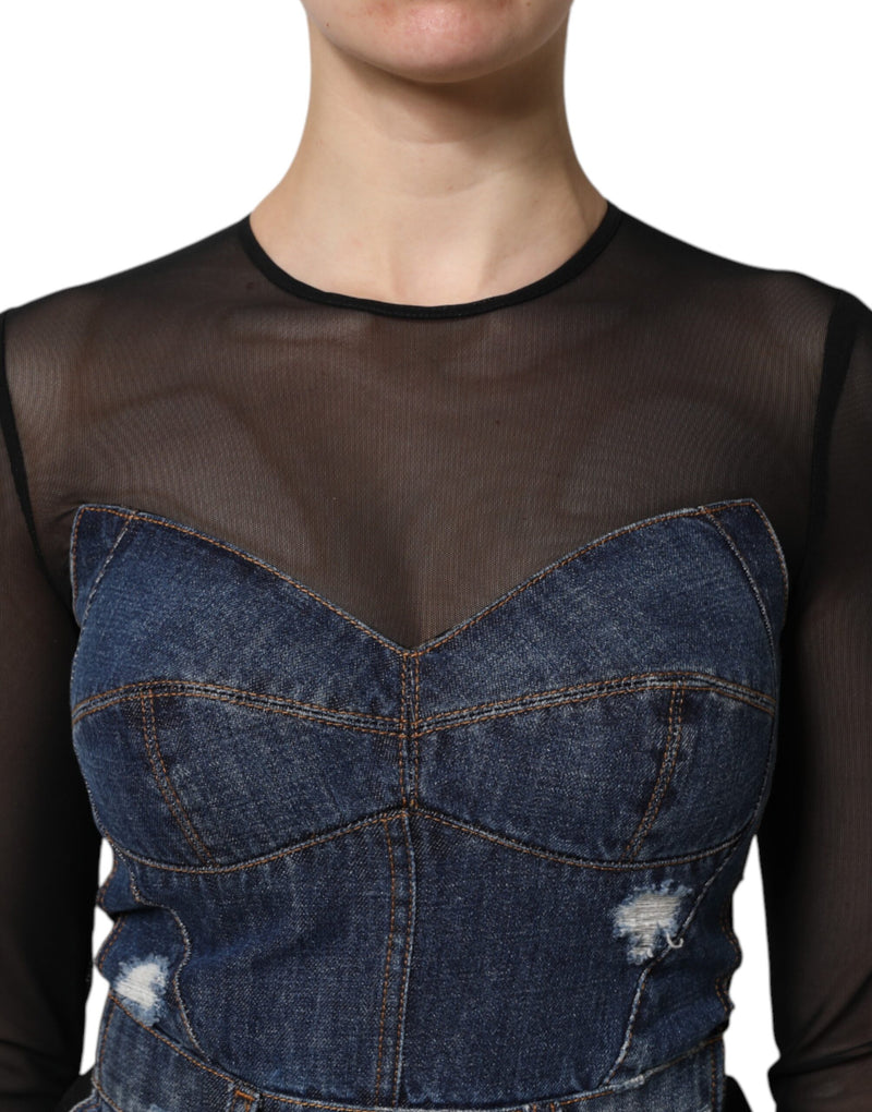 Dolce & Gabbana Black and Blue Long Sleeves Denim Mini Dress