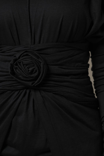 Dolce & Gabbana Black Wool Long Sleeves Sheath Midi Dress