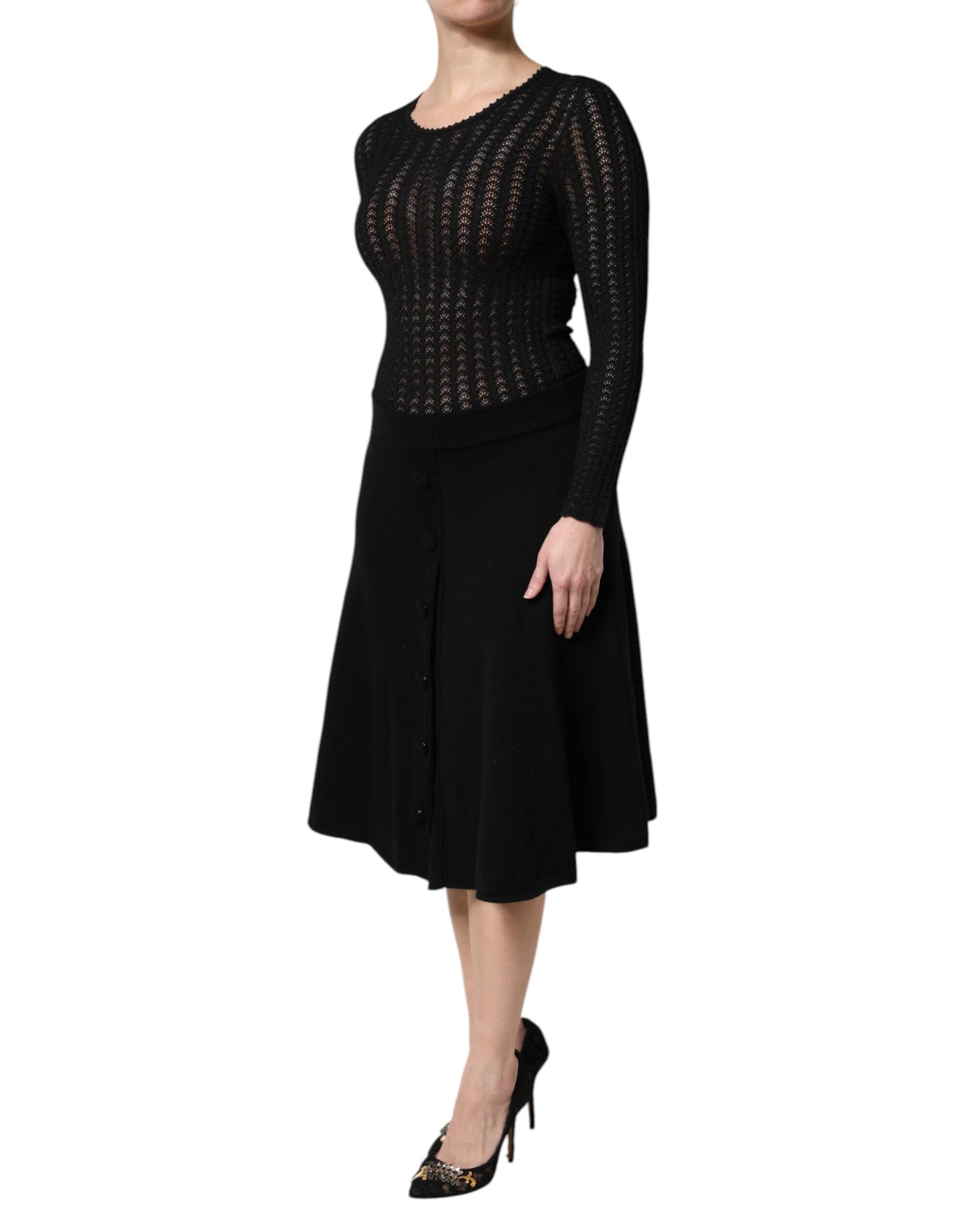 Dolce & Gabbana Black Cashmere Long Sleeves A-line Midi Dress