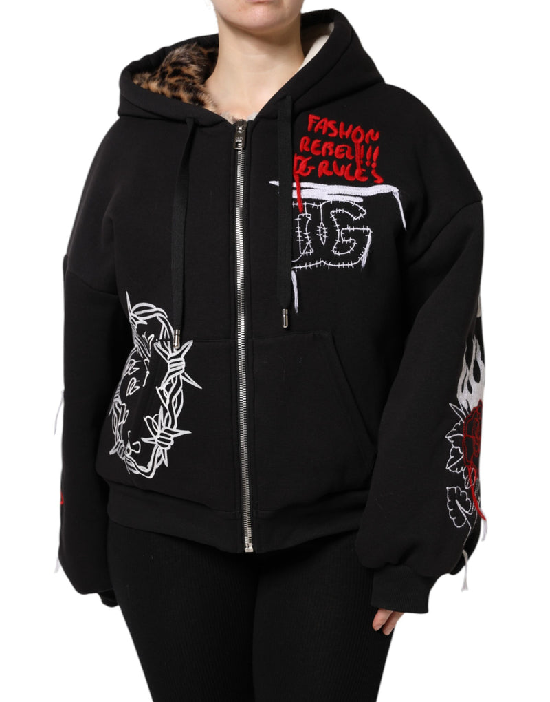 Dolce & Gabbana Veste à Capuche Noire Brodée à Zip Complet