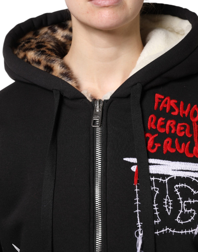 Dolce & Gabbana Veste à Capuche Noire Brodée à Zip Complet
