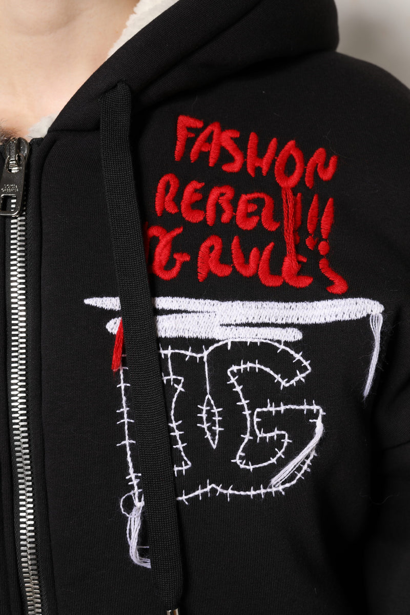 Dolce & Gabbana Veste à Capuche Noire Brodée à Zip Complet