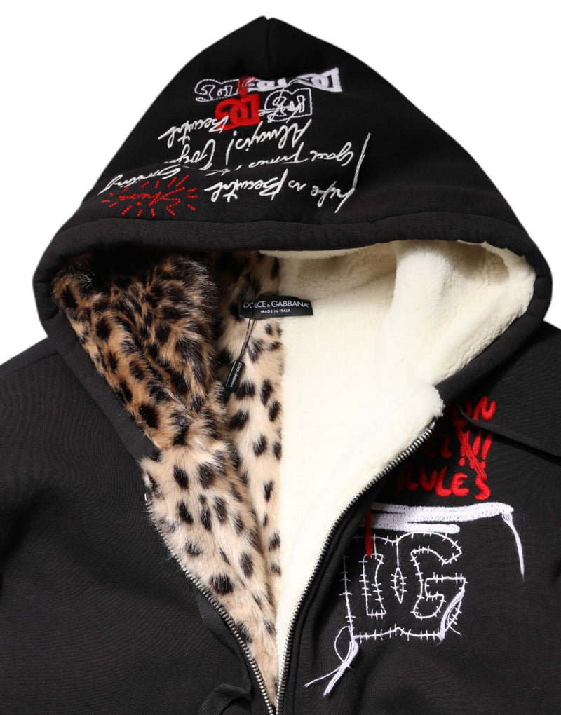 Dolce & Gabbana Veste à Capuche Noire Brodée à Zip Complet